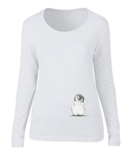 Women T-shirt -  organic cotton - long sleeved - round neck - white - wit - printdesign - drawing - JanaRoos - penguin - pinguïn