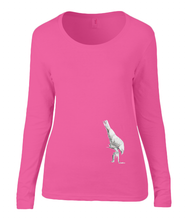 Women T-shirt -  organic cotton - long sleeved - round neck -coral pink - roos- printdesign - drawing - JanaRoos - white raven - witte raaf