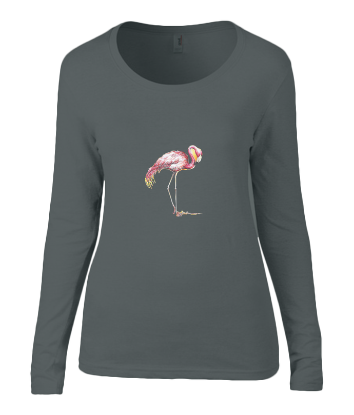 Women T-shirt -  organic cotton - long sleeved - round neck - black - zwart - printdesign - drawing - JanaRoos -Pink flamingo 
