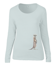 Women T-shirt -  organic cotton - long sleeved - round neck -silver grey - zilver grijs  - printdesign - drawing - JanaRoos - meerkat - stokstaartje