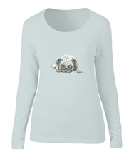 Women T-shirt -  organic cotton - long sleeved - round neck - zilver grijs - silver grey - printdesign - drawing - JanaRoos - Pugg - mops - dog - hond 