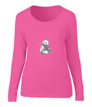 Women T-shirt -  organic cotton - long sleeved - round neck - coral pink - roos- printdesign - drawing - JanaRoos -Panda bear - beer
