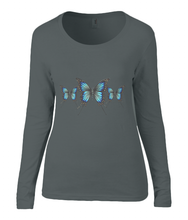 Women T-shirt -  organic cotton - long sleeved - round neck - black - zwart - printdesign - drawing - JanaRoos - butterflies - vlinders