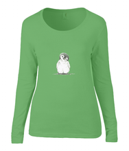 Women T-shirt -  organic cotton - long sleeved - round neck - apple green - appel groen - printdesign - drawing - JanaRoos - penguin - pinguïn