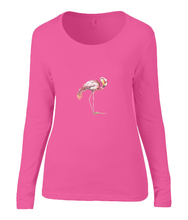 Women T-shirt -  organic cotton - long sleeved - round neck - coral pink - roos- printdesign - drawing - JanaRoos -Pink flamingo's