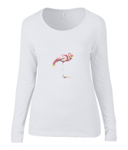 Women T-shirt -  organic cotton - long sleeved - round neck - white - wit - printdesign - drawing - JanaRoos -Pink flamingo 