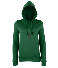 JanaRoos - women's Hoodie - Packshot - Hand drawn illustration - Round neck - Long sleeves - Cotton - bottle green - Deer black ink