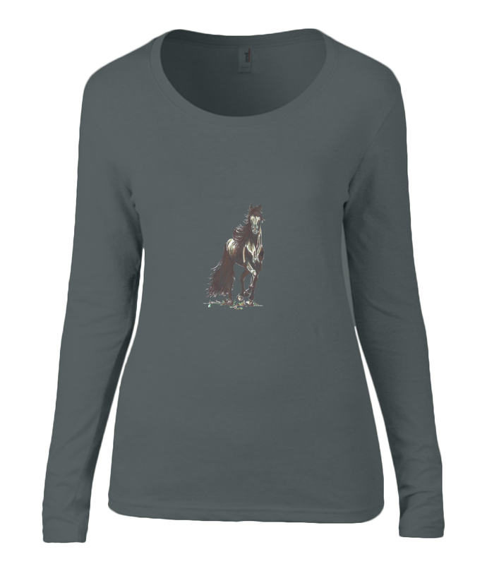 Women T-shirt -  organic cotton - long sleeved - round neck - black - zwart - printdesign - drawing - JanaRoos - horse - black merrie - paard