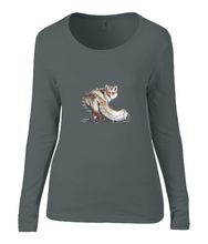 Women T-shirt -  organic cotton - long sleeved - round neck - black - zwart - printdesign - drawing - JanaRoos - fox - foxy - vos
