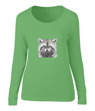 Women T-shirt -  organic cotton - long sleeved - round neck - green - groen - printdesign - drawing - JanaRoos - raccoon - wasbeer