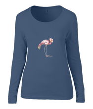 Women T-shirt -  organic cotton - long sleeved - round neck - navy blue - marine blauw - printdesign - drawing - JanaRoos -Pink flamingo 