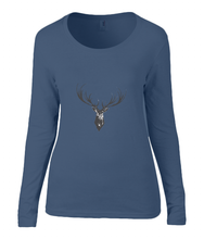 Women T-shirt -  organic cotton - long sleeved - round neck - navy blue - marine blauw - printdesign - drawing - JanaRoos - reindeer - deer - rendier - hert