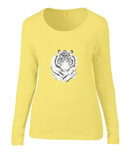 Women T-shirt -  organic cotton - long sleeved - round neck - yellow - geel - printdesign - drawing - JanaRoos - White Tiger -Witte tijger