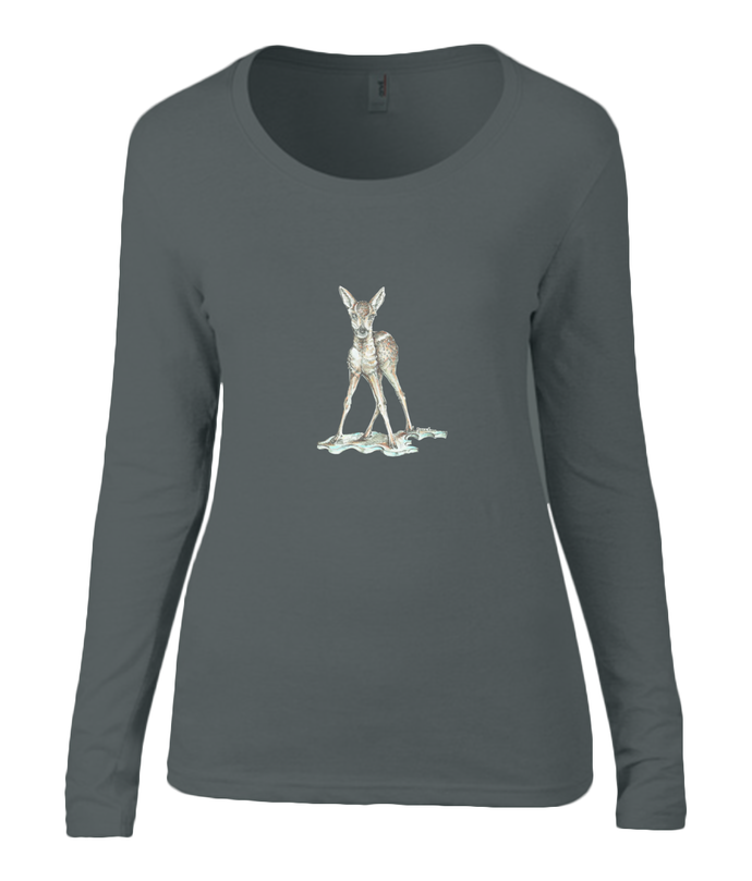 Women T-shirt -  organic cotton - long sleeved - round neck - black - zwart - printdesign - drawing - JanaRoos -black - zwart- bambi - baby deer - hert
