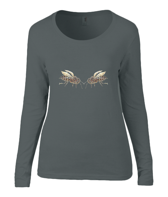 Women T-shirt -  organic cotton - long sleeved - round neck - black - zwart - printdesign - drawing - JanaRoos - honey bee - honing bij