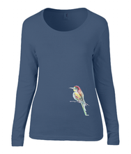 Women T-shirt -  organic cotton - long sleeved - round neck - navy blue - marine blauw - printdesign - drawing - JanaRoos -Navy Blue - marine blauw - colorful bird - kingfisher - ijsvogel - vogel