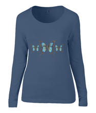 Women T-shirt -  organic cotton - long sleeved - round neck - marine blauw - navy blue - printdesign - drawing - JanaRoos - butterflies - vlinders