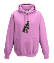 JanaRoos - Hoodies - Kids Hoodie - Packshot - Hand drawn illustration - Round neck - Long sleeves - Cotton - candy pink - snoep roos - horse - black merrie - paard