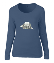 Women T-shirt -  organic cotton - long sleeved - round neck - navy blue - marine blauw - printdesign - drawing - JanaRoos - Pugg - mops - dog - hond 