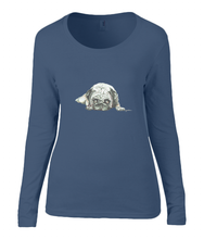 Women T-shirt -  organic cotton - long sleeved - round neck - navy blue - marine blauw - printdesign - drawing - JanaRoos - Pugg - mops - dog - hond 