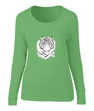 Women T-shirt -  organic cotton - long sleeved - round neck - green - groen - printdesign - drawing - JanaRoos - White Tiger -Witte tijger 