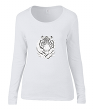 Women T-shirt -  organic cotton - long sleeved - round neck - white - wit - printdesign - drawing - JanaRoos - White Tiger -Witte tijger