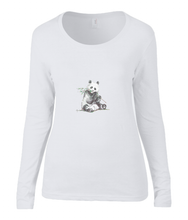 Women T-shirt -  organic cotton - long sleeved - round neck - white - wit - printdesign - drawing - JanaRoos -Panda bear - beer