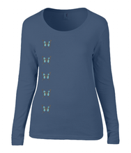Women T-shirt -  organic cotton - long sleeved - round neck - Navy Blue - marine blauw - printdesign - drawing - JanaRoos - butterflies - vlinders