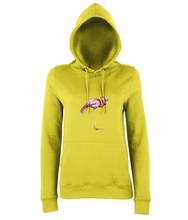 JanaRoos - women's Hoodie - Packshot - Hand drawn illustration - Round neck - Long sleeves - Cotton -yellow - flamingo