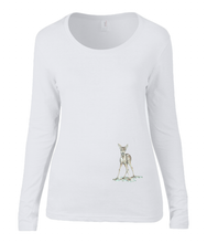 Women T-shirt -  organic cotton - long sleeved - round neck - black - zwart - printdesign - drawing - JanaRoos - white - wit - bambi - baby deer - hert