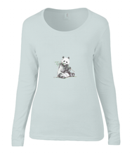 Women T-shirt -  organic cotton - long sleeved - round neck - silver grey - zilver grijs-  printdesign - drawing - JanaRoos -Panda bear - beer
