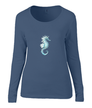 Women T-shirt -  organic cotton - long sleeved - round neck - printdesign - drawing - JanaRoos -blue - blauw- sea-horse - zeepaardje 