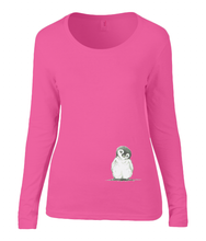 Women T-shirt -  organic cotton - long sleeved - round neck -coral rose - roos - printdesign - drawing - JanaRoos - penguin - pinguïn