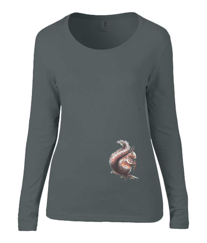 Women T-shirt -  organic cotton - long sleeved - round neck - black - zwart - printdesign - drawing - JanaRoos - squirrel