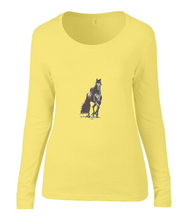 Women T-shirt -  organic cotton - long sleeved - round neck -yellow - geel - printdesign - drawing - JanaRoos - horse - black merrie - paard