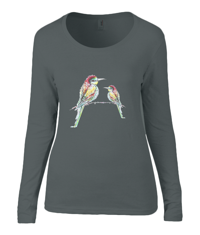 Women T-shirt -  organic cotton - long sleeved - round neck - black - zwart - printdesign - drawing - JanaRoos -black - zwart- colorful birds - kingfishers - ijsvogels - vogels