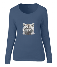 Women T-shirt -  organic cotton - long sleeved - round neck -navy blue - marine blauw - printdesign - drawing - JanaRoos - raccoon - wasbeer