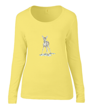 Women T-shirt -  organic cotton - long sleeved - round neck - black - zwart - printdesign - drawing - JanaRoos -black - yellow - geel - baby deer - hert