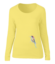 Women T-shirt -  organic cotton - long sleeved - round neck - black - zwart - printdesign - drawing - JanaRoos - yellow - geel - colorful bird - kingfisher - ijsvogel - vogel