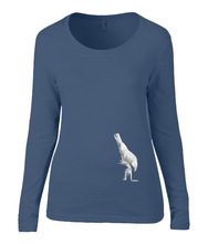 Women T-shirt -  organic cotton - long sleeved - round neck -navy blue - marine blauw - printdesign - drawing - JanaRoos - white raven - witte raaf