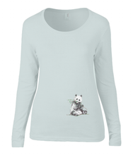 Women T-shirt -  organic cotton - long sleeved - round neck - silver grey - zilver grijs - printdesign - drawing - JanaRoos -Panda bear - beer