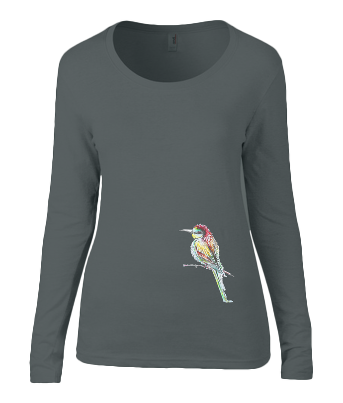 Women T-shirt -  organic cotton - long sleeved - round neck - black - zwart - printdesign - drawing - JanaRoos -black - zwart- colorful bird - kingfisher - ijsvogel - vogel
