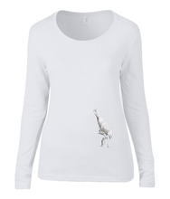 Women T-shirt -  organic cotton - long sleeved - round neck - white - wit - printdesign - drawing - JanaRoos - white raven - witte raaf