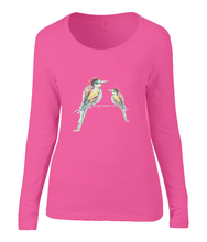 Women T-shirt -  organic cotton - long sleeved - round neck - printdesign - drawing - JanaRoos - coral rose - roos - colorful birds - kingfishers - ijsvogels - vogels