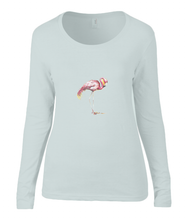 Women T-shirt -  organic cotton - long sleeved - round neck - silver grey - zilver grijs - printdesign - drawing - JanaRoos -Pink flamingo 