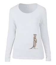 Women T-shirt -  organic cotton - long sleeved - round neck - white - wit - printdesign - drawing - JanaRoos - meerkat - stokstaartje