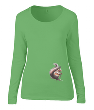 Women T-shirt -  organic cotton - long sleeved - round neck - green - groen - printdesign - drawing - JanaRoos - squirrel