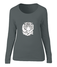 Women T-shirt -  organic cotton - long sleeved - round neck - black - zwart - printdesign - drawing - JanaRoos - White Tiger -Witte tijger