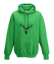 JanaRoos - Hoodies - Kids Hoodie - Packshot - Hand drawn illustration - Round neck - Long sleeves - Cotton - kelly green - groen- deer - reindeer - hert - rendier - black ink - zwarte inkt