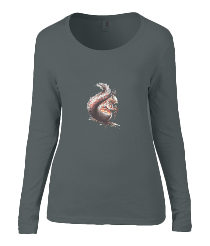 Women T-shirt -  organic cotton - long sleeved - round neck - black - zwart - printdesign - drawing - JanaRoos - squirrel